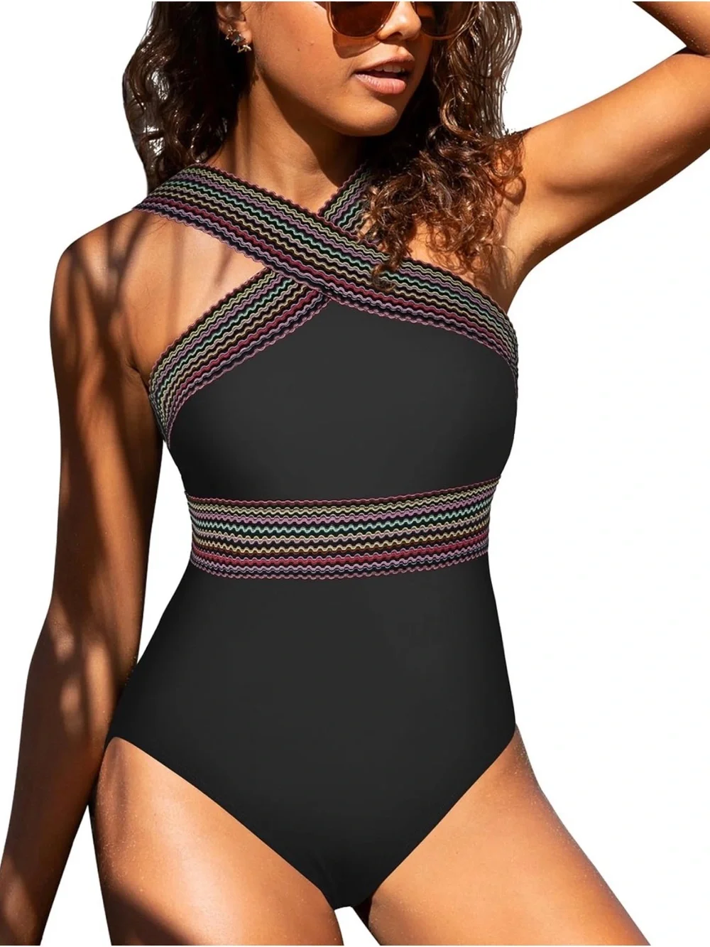 Black Kids One-Piece Swimsuit with Multicolor Striped Trim
